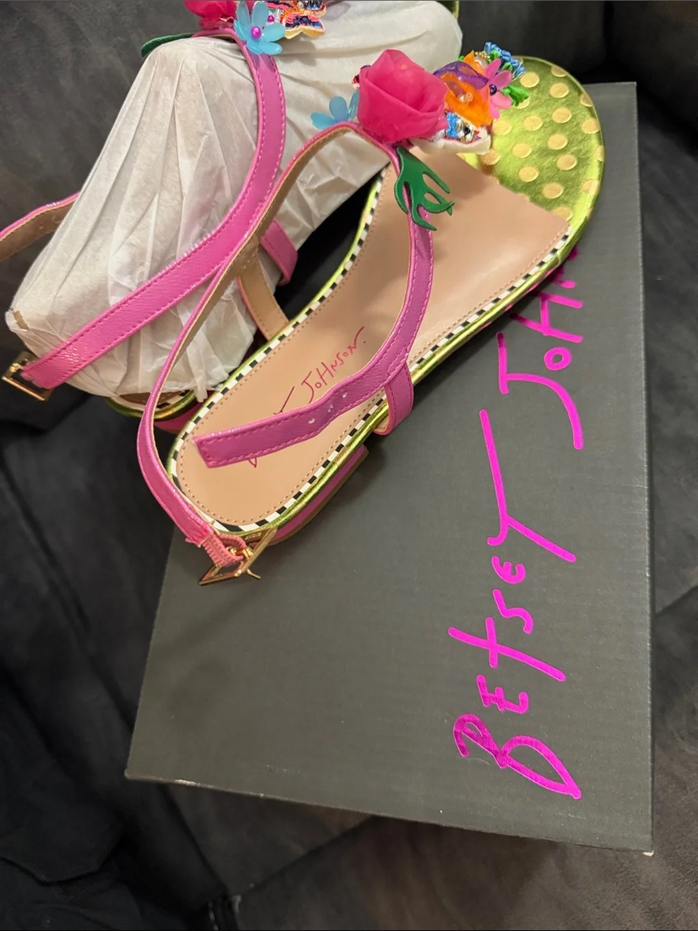 Betsey Johnson Pink Multicolor Embellished Floral Fish Sandals - Picture 5 of 6